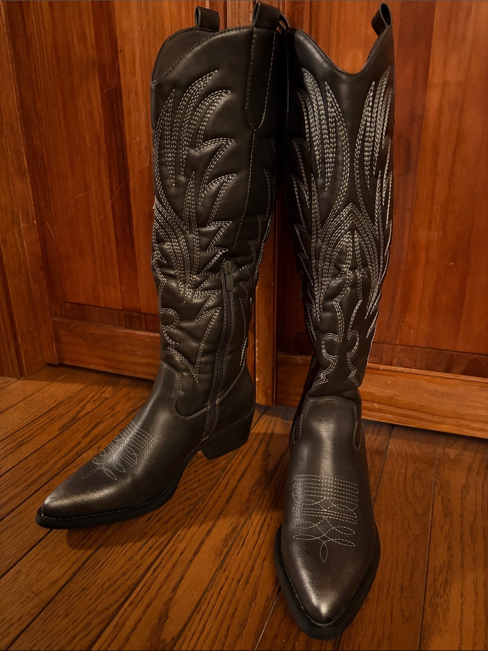 Brand New!- Classic Black Western Knee-High Boots with Embroidered Detailing
